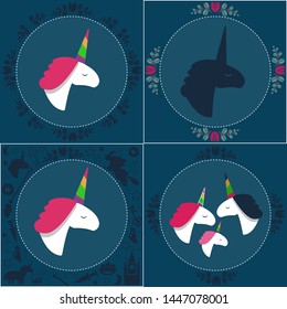 Frames set with magic animals - white  unicorns with colorful horns: unicorn family, silhouette, unicorn isolated. Dark square and round background. Cute characters 