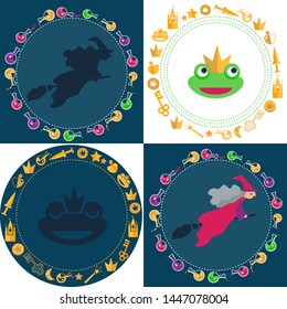 Frames set with magic symbols - enchanted frog, witch on the broom, gold coins and treasures, colorful poison bottles. Dark and white square and round background. 