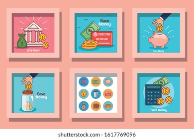 Frames set of money financial item banking commerce market payment buy currency accounting and invest theme Vector illustration