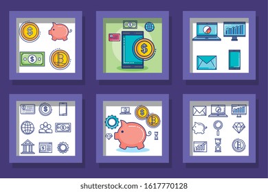 Frames set of money financial item banking commerce market payment buy currency accounting and invest theme Vector illustration