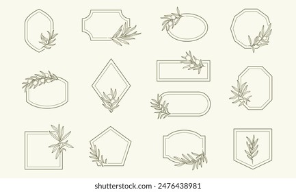 Marcos engastados con ramas de olivo en estilo minimalista lineal. Hojas de Vector y frutos de oliva . Plantilla de logotipos con olivos.