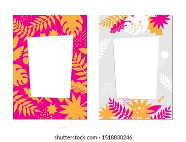Frames set for photo album, invitation, note book, postcard with tropical leaves in flat style and elements. Cute frame, border for card