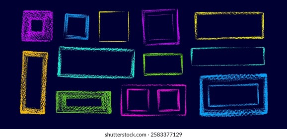 Frames set for pictures. Crayon texture rectangle. Freehand rough drawing. Vector colorful boxes for design social media files, stamp and photo. Graphic vignette, texture door, geometric mirror