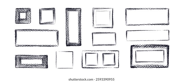 Frames set for pictures. Crayon texture abstract rectangle. Freehand rough drawing. Vector black boxes for design social media files, stamp and photo. Graphic vignette, texture door, geometric mirror
