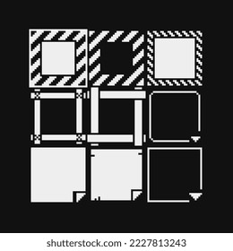 Frames set, pixel art style, element design for mobile app and web. Banner object for your concept design, invitation, greeting card, poster, photo frame. Video game assets. Isolated vector. 1-bit.