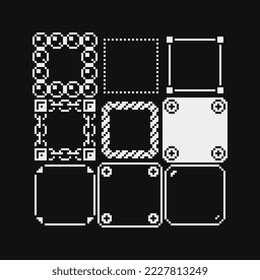 Frames set, pixel art style, element design for mobile app and web. Banner object for your concept design, invitation, greeting card, poster, photo frame. Video game assets. Isolated vector. 1-bit.