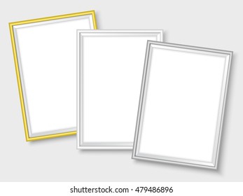 Frames set. Realistic vector golden, silver and white photoframes ready for your design. Vector template for presentation your photo art, posters, paintings or other crafts.