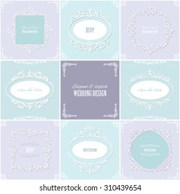 Frames set. Wedding templates. Pastel blue and purple colors.