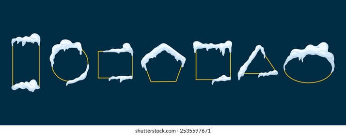 Frames with snow ice cap. Card or poster template. Snowdrifts shapes with icicles. Winter frame decoration. Snowy roof effect. Frost icy heaps. Frozen vector cartoon flat isolated illustration