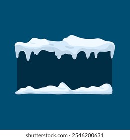 Frames with snow ice cap. Card or poster template. Snowdrifts shapes with icicles. Winter frame decoration. Snowy roof effect. Frost icy heaps. Frozen vector cartoon flat isolated illustration