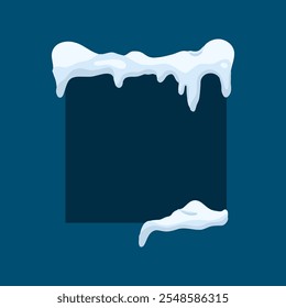 Frames with snow ice cap. Card or poster template. Snowdrifts shapes with icicles. Winter frame decoration. Snowy roof effect. Frost icy heaps. Frozen vector cartoon flat isolated illustration