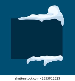 Frames with snow ice cap. Card or poster template. Snowdrifts shapes with icicles. Winter frame decoration. Snowy roof effect. Frost icy heaps. Frozen vector cartoon flat isolated illustration