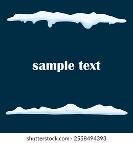 Frames with snow ice cap. Card or poster template. Snowdrifts shapes with icicles. Winter frame decoration. Snowy roof effect. Frost icy heaps. Frozen vector cartoon flat isolated illustration