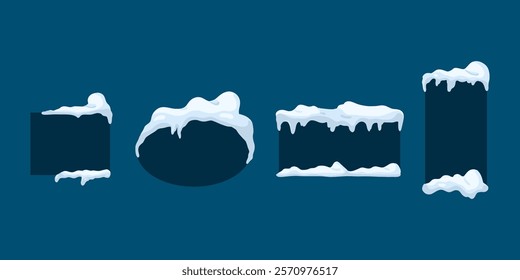 Frames with snow ice cap. Card or poster template. Snowdrifts shapes with icicles. Winter frame decoration. Snowy roof effect. Frost icy heaps. Frozen vector cartoon flat isolated illustration