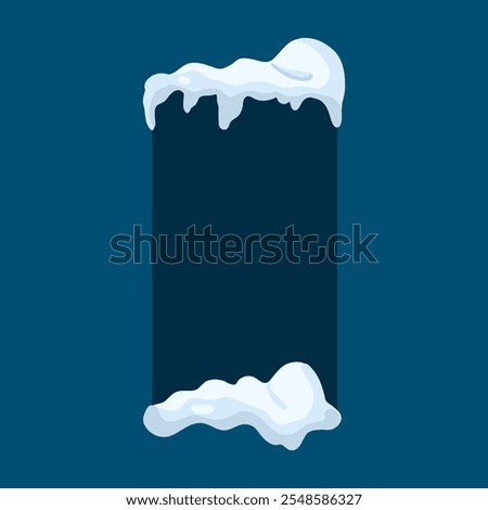 Frames with snow ice cap. Card or poster template. Snowdrifts shapes with icicles. Winter frame decoration. Snowy roof effect. Frost icy heaps. Frozen vector cartoon flat isolated illustration
