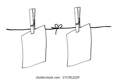frames with space for text or images hanging on a clothespin.hand drawn illustration made by a liner