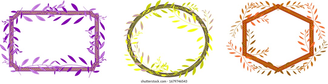 
frames, square, round and pentagonal, purple yellow and orange, with twigs