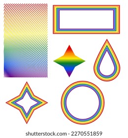 Frames, stars, drop with LGBT rainbow colors. Gradient rainbow background. Set of frames and symbols for Pride Month