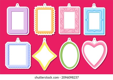 Frames sticker colored with various patterns and shadows for photos with hobnail on wall set. Square, rectangle, oval, star, heart. Design elements isolated on pink background. Vector illustration