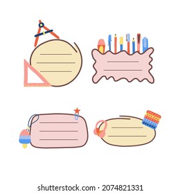 Frames and stickers with school stationery for signature of notebook. Vector  elements for scrapbooking.