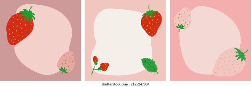 Frames with strawberries. Vector pink background for notepads, letter sets, sticky notes, postcards, other stationery