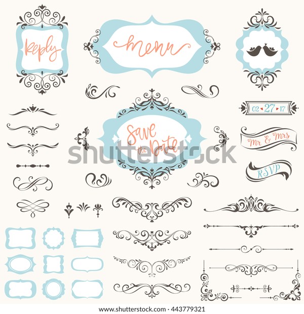 Vintage wedding frames, swirls, page dividers,\
corner ornaments and hand\
lettering.