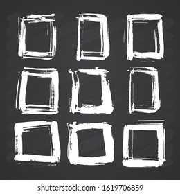 Frames and text boxes, grunge textured hand drawn elements set, vector illustration on chalkboard background.