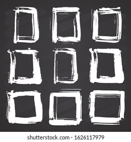 Frames and text boxes, grunge textured hand drawn elements set, vector illustration on chalkboard background.