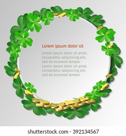 Frames for text with four petal-leaves clover and gold coins. EPS-10.