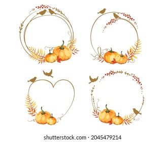 Frames for Thanksgiving Day or wedding invitation. Set vector design elements. Pumpkins, birds, yellowed leaves and red berries.