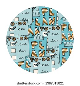 Frames with time management and procrastination symbols and icons, with text and lettering.