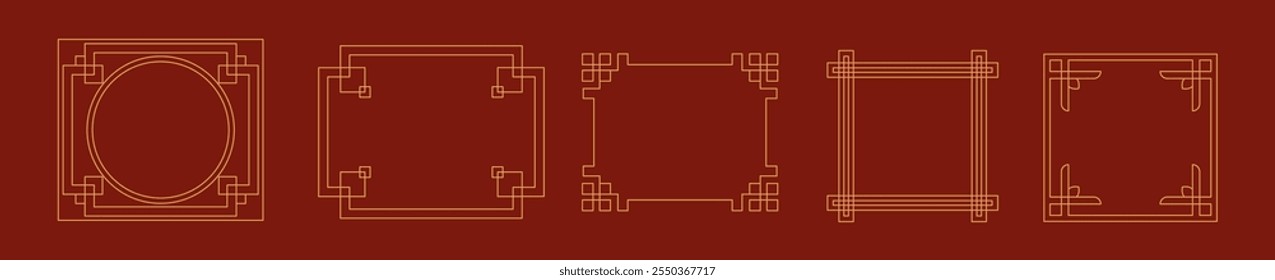 Frames in traditional Chinese style linear icons collection. Intricate decorative borders with Asian patterns objects set on red background