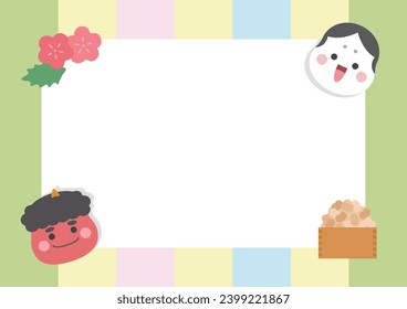 Marcos para los eventos tradicionales japoneses, Setsubun, oni y tafuku y marcos decorativos en colores pastel
