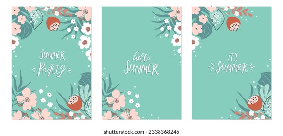 Frames with tropical flowers and leaves. Hand drawn naive plant backgrounds for party invitations, textile prints, sale posters and wedding cards. Set of vector templates on green background.
