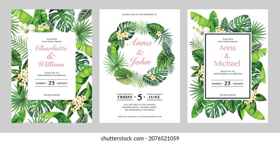 Frames with tropical leaves and flowers for wedding cards  and sale posters. Collection of vector templates isolated on a white background.