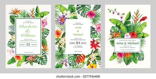 Frames with tropical leaves and flowers for wedding cards  and sale posters. Collection of vector templates isolated on a white background.