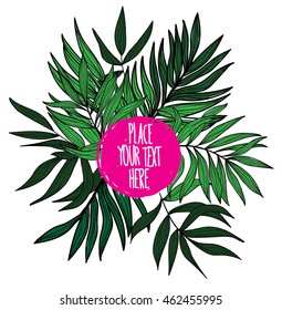 Frames with tropical leaves . Leaves of palm vector drawing by hand. Designer blank background for text .