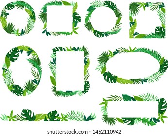 Frames of tropical leaves. Vector illustration on white background.
