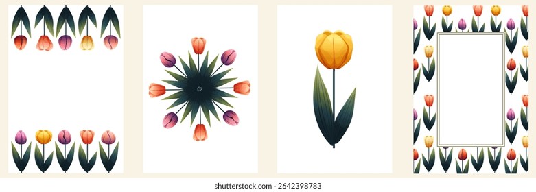 Frames with tulips for spring summer cards, invitations, packaging, posters and design templates. Simple floral borders and round compositions for love themes.