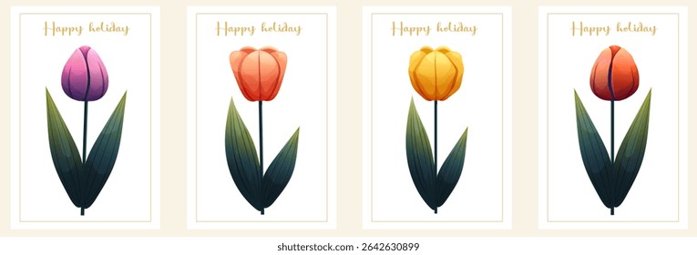 Frames with tulips for spring summer cards, invitations, packaging, posters and design templates. Simple floral borders and round compositions for love themes.