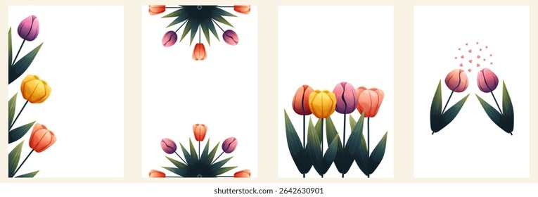 Frames with tulips for spring summer cards, invitations, packaging, posters and design templates. Simple floral borders and round compositions for love themes.