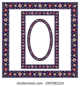 Frames of various shapes with whimsical flowers. Central Asian, Near East style. Pattern brush with a corner element included.
