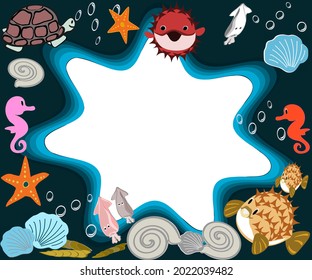 Frames, vector images of sea, ocean, underwater ,cartoon, sea, octopus, starfish, and other sea creatures.
