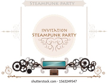 Frames vintage set, steampunk mechanical cogs, gears menu invitation
