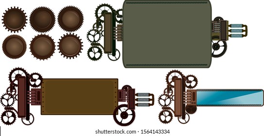 Frames vintage set, steampunk mechanical cogs, gears menu invitation