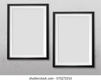 Frames wall gallery on grunge grey wall. Black photoframes mockup. Empty framing for your design. Vector picture mock up template for painting, drawing, poster, quote or photo.