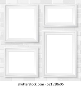 Frames wall gallery on white brick wall. Modern white picture frames mock up. Empty simple vector framing for presentation your illustrations, drawings, paintings, posters or photos.