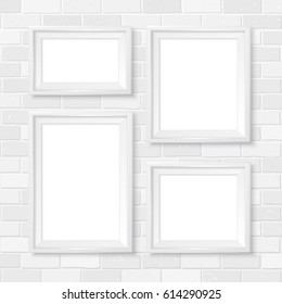 Frames wall gallery on white brick wall. Modern white picture frames mock up. Empty simple vector framing for presentation your illustrations, drawings, paintings, posters or photos.