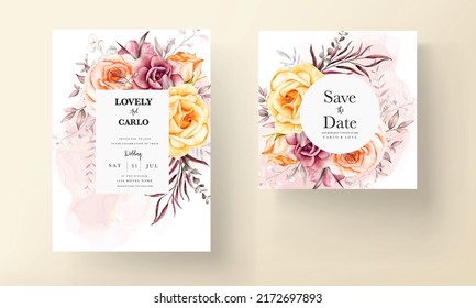 Frames of watercolor red  flowers and leaves on wedding invitation