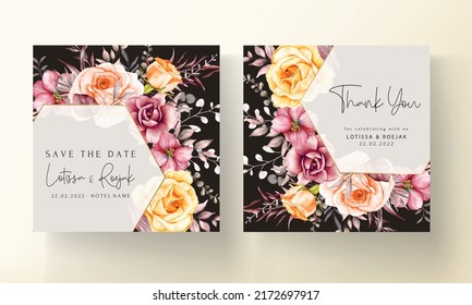 Frames of watercolor red  flowers and leaves on wedding invitation